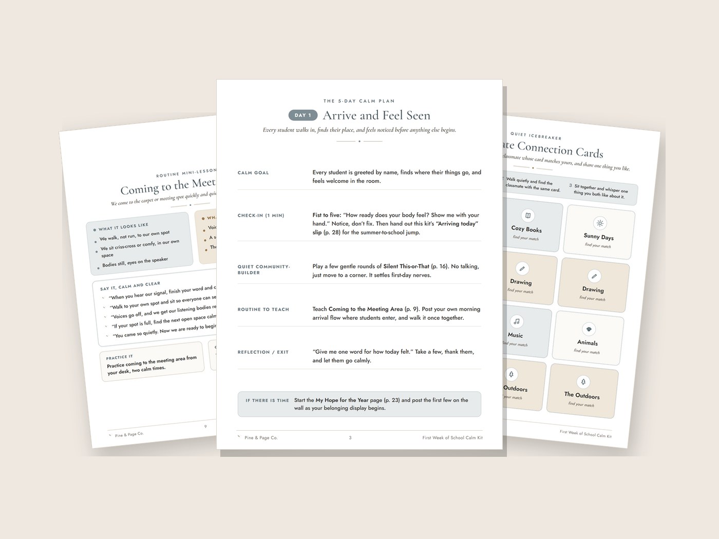 Three pages from the First Week of School Calm Kit fanned out on a cream background: the Day 1 plan, the meeting area routine lesson, and the classmate connection cards