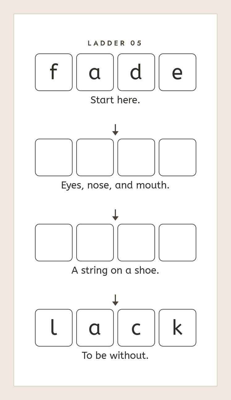 A word ladder worksheet card from the set: FADE at the top, empty letter boxes with clues at each step, and LACK at the bottom