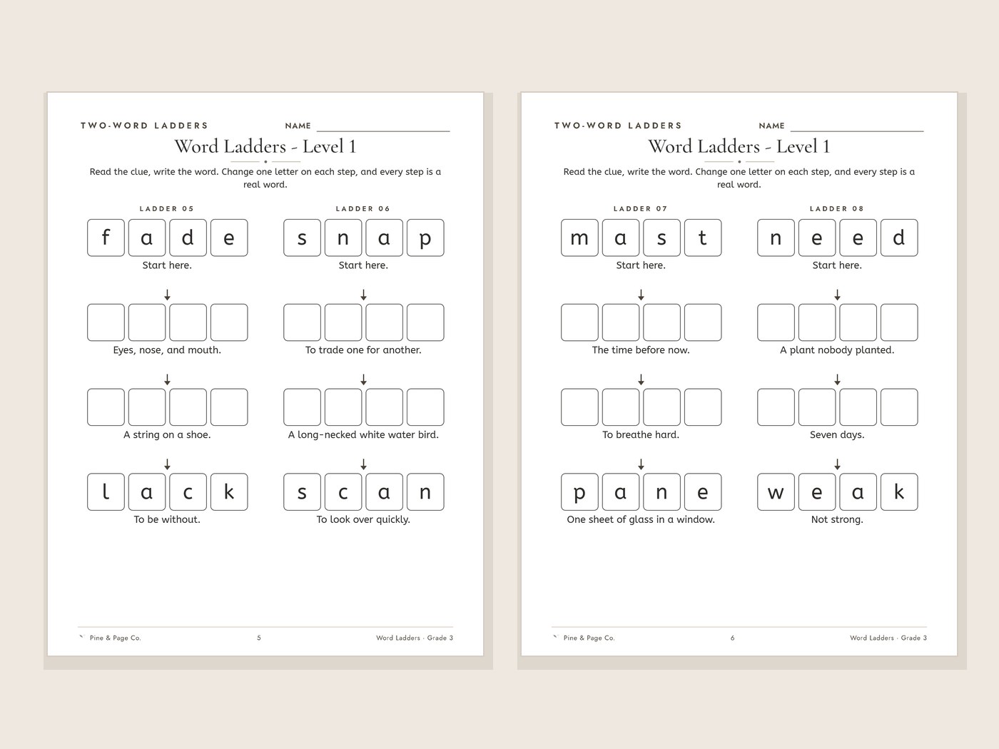Two word ladder worksheet pages from the grade 3 set on a cream background