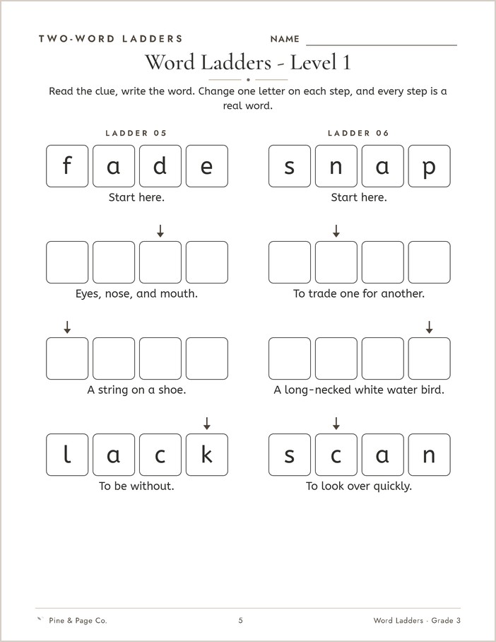 Assisted word ladder worksheet page where each arrow points at the letter box that changes